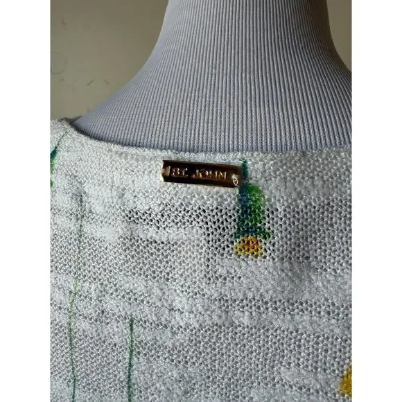 St. John Sport Floral Light Weight Knit Gold-Tone Button Cardigan Sz L Whimsical